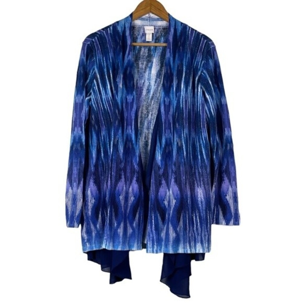 Chicos Abstract Ikat Open Front Cardigan‎ Sz XL Artsy Coastal Lagenlook